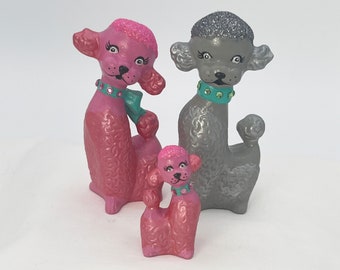 Mid Century Modern Poodles, Vintage Poodle family, Pink Poodles, Retro Dog Family, Glitter Pups, Ceramic poodle figurines, MCM Style dogs