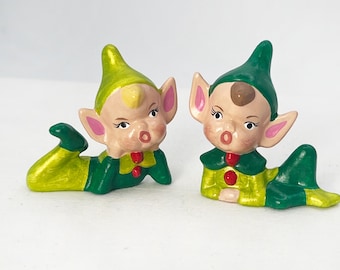 Vintage Christmas elves, Mid century modern decor, Retro style pixie, Ceramic Pixie set