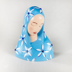 Vintage Virgin Mary, Handpainted Virgin Mary, Rhinestone Mother Mary, Rhinestone Mary, Jeweled Mary, Religious Statue, Ceramic Mary in Blue
