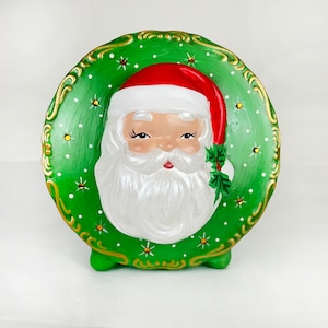 Vintage Santa vase, MCM Christmas decor, Hand painted Santa, vintage kitsch, Retro holiday decor, Sparkly Santa, Holiday greens container