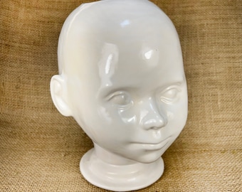 Vintage Ceramic Doll Head Vase: Unique White Baby Head Planter