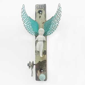 Frozen Charlotte Doll Assemblage, vintage doll mixed media, found item art, Porcelain doll, Winged doll, Vintage Frozen Charlotte angel doll