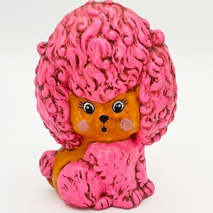 Moderne poedel uit het midden van de eeuw, vintage poedel, roze mod puppy, retro hond, keramische kitsch poedelbeeldje, MCM-stijl schattige hond, poedelbeeldje