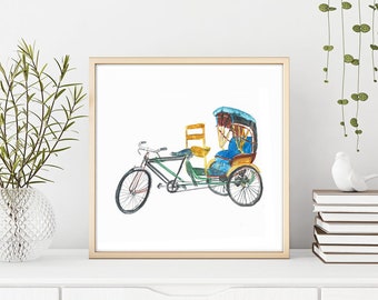 Cycle Rickshaw Watercolor Art Print | Indian Vehicle (Digital Art)