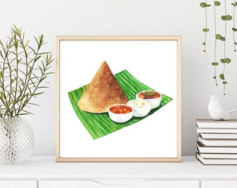 May include: A watercolor painting of a dosa, a South Indian crepe, served on a banana leaf with three dipping sauces. The dosa is a light brown color and is folded into a cone shape. The sauces are in small bowls and are red, white, and brown.