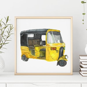 May include: A watercolor painting of a yellow auto rickshaw, also known as a tuk-tuk, with a black roof. The rickshaw is on a white background.