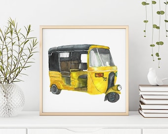 May include: A watercolor painting of a yellow auto rickshaw, also known as a tuk-tuk, with a black roof. The rickshaw is on a white background.