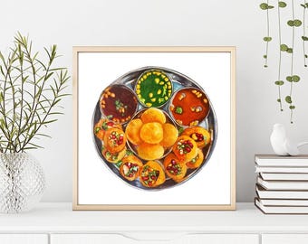 May include: Watercolor painting of Indian street food, featuring a silver platter with various components. The platter includes small, round, golden-brown snacks, and several small bowls of colorful sauces. The artwork is framed in a gold frame.