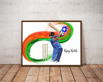 May include: A digital painting of a cricket player in a blue uniform with an orange, green, and white abstract background. The player is swinging a bat and the text "King Kohli" is in the bottom right corner.