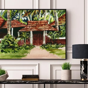 May include: Watercolor painting of a traditional Indian home with a red tiled roof, surrounded by lush green foliage and palm trees. The home has a wooden door and a path leading to it.