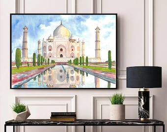 May include: Watercolor painting of the Taj Mahal in India, framed in black. The artwork depicts the white marble mausoleum with its reflection in a pool of water, under a blue sky. Green trees and grass are also visible.