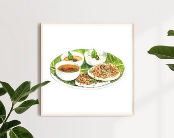 May include: A watercolor painting of a South Indian breakfast dish called Idli. The dish consists of two white, fluffy rice cakes, a bowl of sambar (a lentil stew), a bowl of coconut chutney, and a green leaf.