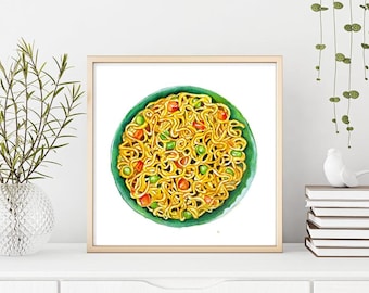 May include: Watercolor painting of a bowl of noodles with vegetables. The noodles are yellow, and the vegetables are green and red. The bowl is green, and the painting is in a gold frame. The artwork is displayed on a white surface.