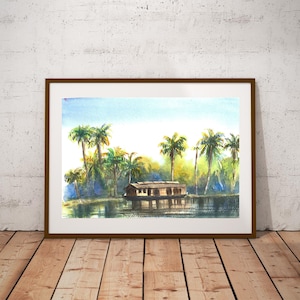 Kerala Backwaters Aquarell druckbare Kunst | Kerala | Gottes eigenes Vaterland | Indien Kunst | Landschaftskunst