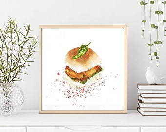 Vada Pav Watercolor Art Print | Mumbai Street Food (Digital Art)