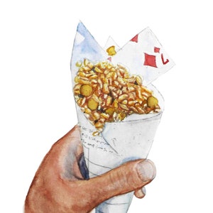 May include: A hand holds a white paper cone filled with a mixture of fried, golden-brown snacks. The cone is topped with a red and white paper flag.