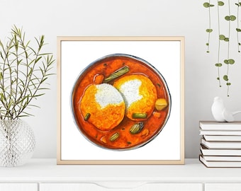 May include: A watercolor painting of a bowl of South Indian idli with sambar. The idli are white and round, and the sambar is a vibrant orange color. The bowl is on a white background.