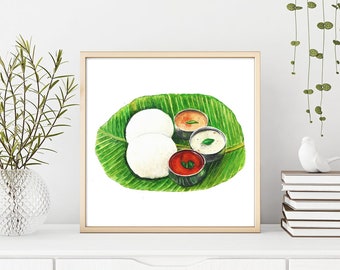 May include: A watercolor painting of a traditional South Indian breakfast dish, idli, served on a banana leaf. The idli are white and round, and there are three small bowls of colorful chutneys: red, green, and yellow.