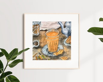 May include: A watercolor painting of a glass of chai tea with a teapot, biscuits, and spices on a wooden table. The chai tea is a warm orange color and the teapot is blue.