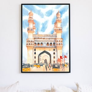 Charminar Hyderabad aquarelle d&#39;art numérique imprimable | Art indien | Architecture de l&#39;Inde |