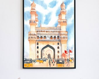 May include: Watercolor painting of a large, ornate building with two tall minarets. The building is painted in shades of yellow, brown, and white, and the minarets are topped with domes. The building is set against a blue sky with white clouds. There are people and vehicles in the foreground.