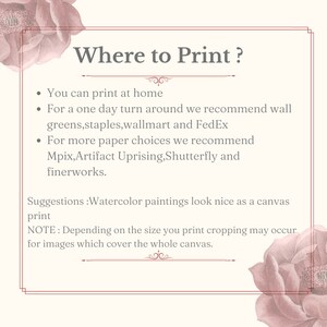 May include: A text-based graphic with a pink floral border. The text reads "Where to Print?" and lists several options for printing photos and artwork, including at home, at stores like Staples and Walmart, and online services like Mpix, Artifact Uprising, Shutterfly, and finerworks. The text also includes a note that depending on the size of the print, cropping may occur for images that cover the whole canvas.