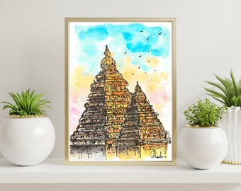 Mahabalipuram | Chennai | Chennai Wall Art | Indian Art | Indian Architecture | Digital Art | Watercolor Art