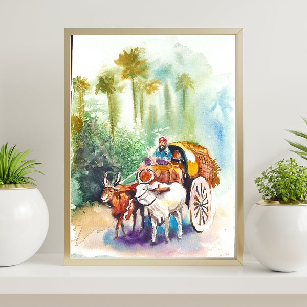 Bullock Cart Watercolor Illustration | Digital Art Print | Printable Village Scene | Rural India Decor