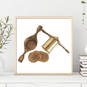 Indian Antique Vessels Brass Watercolor Printable Digital Art | Murukku Puzhi Art | Cookie Press Old Vintage