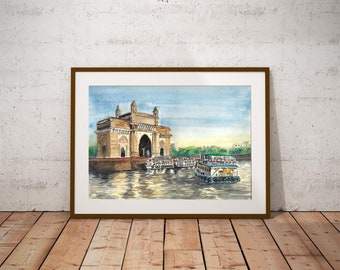 Puede incluir: Pintura acuarela de la Puerta de la India en Mumbai, India. La pintura representa el arco icónico con un barco en primer plano y un cielo azul con nubes blancas en el fondo.