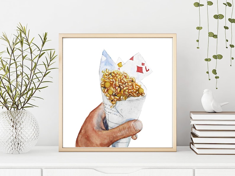 May include: A watercolour painting of a hand holding a paper cone filled with a savoury snack. The cone is topped with a playing card, and the snack appears to be a mixture of rice, peas, and other ingredients.