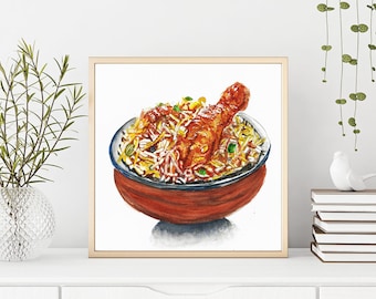 Impresión artística de acuarela de biryani / Ilustración de comida india (descarga digital)