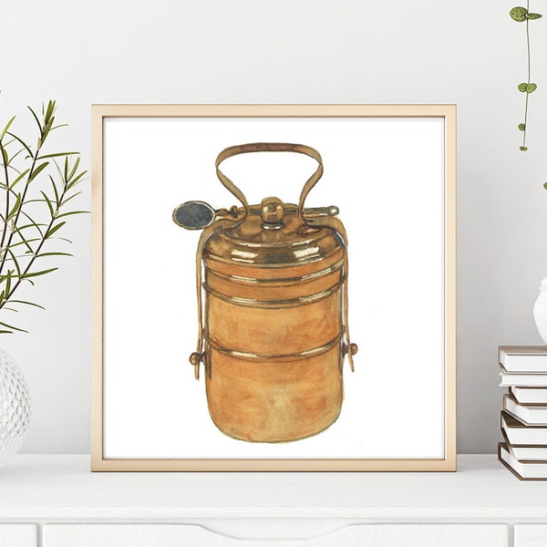 Indian Antique Vessels Brass Watercolor | Printable Digital Art | Tiffin Box Art | Old Vintage