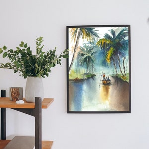 Serene Kerala Backwaters Aquarell Illustration | Digitaler Kunstdruck | Druckbare Indien Landschaft Dekor