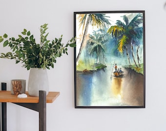 May include: Watercolor painting of a tropical scene with palm trees and a boat with two people in it. The painting is framed in black.