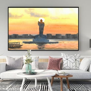Hyderabad Kunst: Panzer Buddha | Hussain Sagar See | Hyderabad | Digital Druckbare Aquarell | Indische Stadtansicht