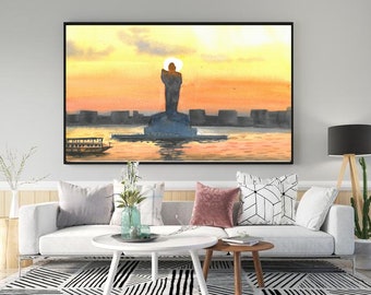 Arte de Hyderabad: Buda Tanque / Lago Hussain Sagar / Hyderabad / Acuarela digital imprimible / Paisaje urbano indio