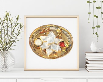 May include: A gold tray with a star-shaped sweet treat, a small bowl of white rice, a small bowl of red sauce, and a small gold cup with a lid.