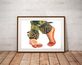 May include: Watercolor painting of two bare feet wearing black anklets with gold bells. The feet are painted in shades of red and orange, and the anklets are decorated with gold bells.