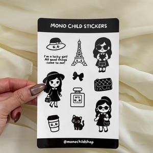 Hoja de pegatinas de Mono Girl: pegatinas de vinilo en blanco y negro con un toque moderno y minimalista para diarios, botellas de agua y portátiles.