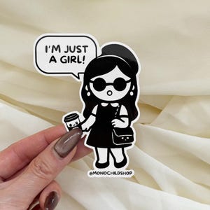 Pegatina de personaje "Soy solo una chica" (mono) / Pegatina de vinilo de moda, estética minimalista, para botellas de agua, diarios y portátiles
