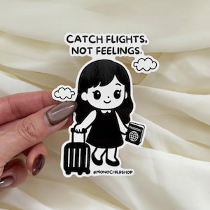 Pegatina de chica monocromática "Catch Flights": vinilo blanco y negro de moda para viajes / Pegatinas minimalistas para botellas, maletas y portátiles