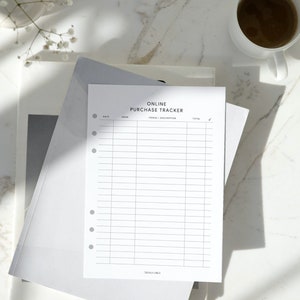 Online Purchase Tracker Pages  (15 Sheets)  |  A5 Ring Binder Planner Inserts, Expense Tracker