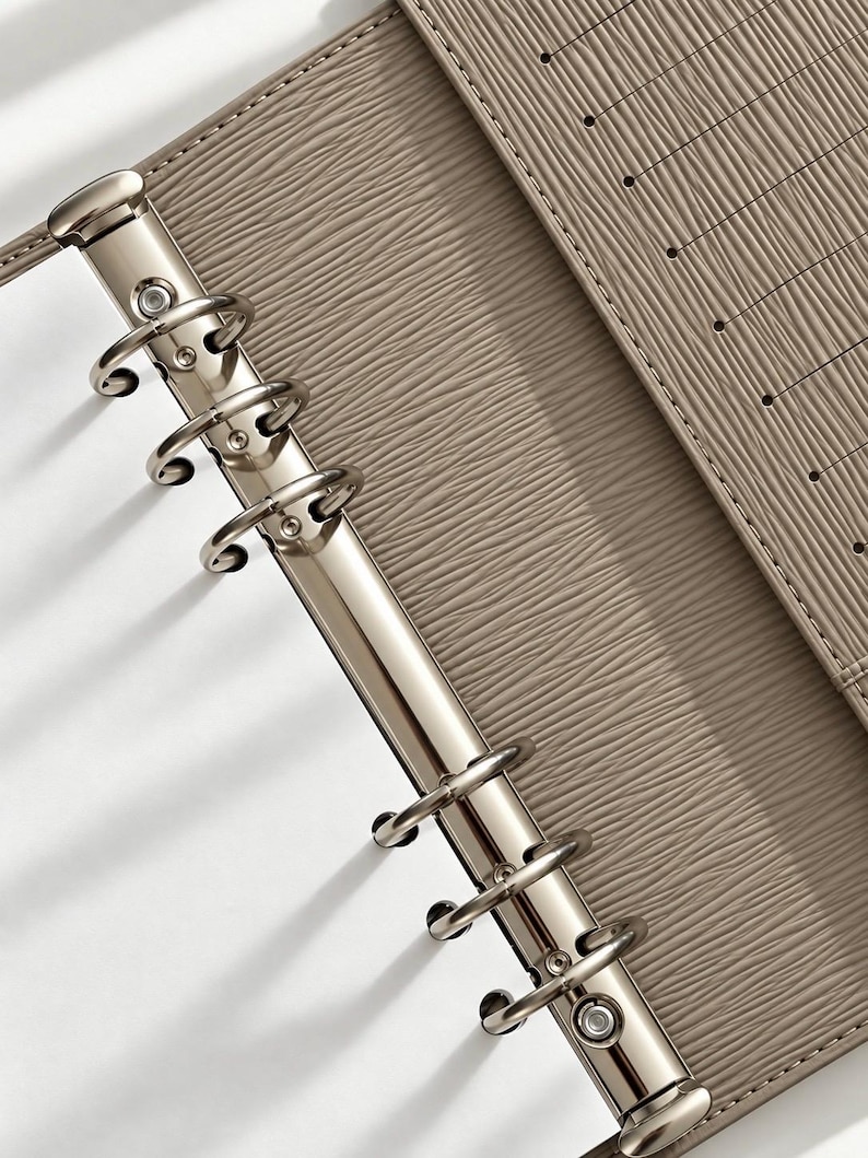 Puede incluir: Una carpeta organizadora de color topo con un mecanismo de seis anillas de metal plateado. La superficie exterior tiene una textura fina con nervaduras horizontales. El panel interior incluye una serie de ranuras verticales para tarjetas.