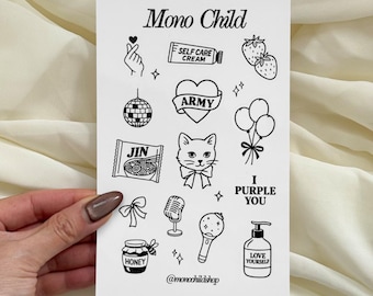 Hoja de pegatinas "Love Yourself" de Mono Child / Pegatinas minimalistas inspiradas en Bangtan, vinilo impermeable brillante en blanco y negro.