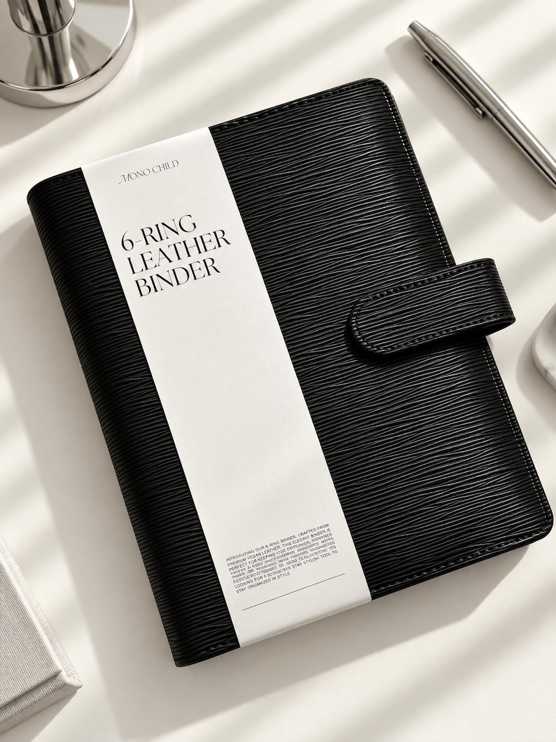 Puede incluir: Una carpeta de cuero negro de 6 anillas con una superficie texturizada y una correa de cierre magn&eacute;tico. Una banda de papel blanca envuelve el centro, con el texto MONO CHILD y 6-RING LEATHER BINDER en negro, junto con texto impreso peque&ntilde;o.