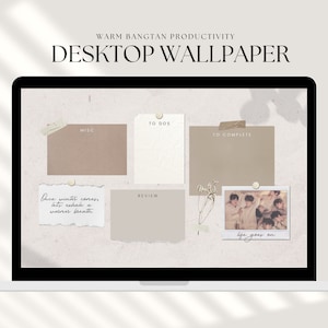 May include: A laptop computer screen displaying a desktop wallpaper with a beige background and a collage of images and text. The text includes "TO DOS", "MISC", "TO COMPLETE", "REVIEW", "Once winter comes let's exhale a warm breath", and "Life goes on".