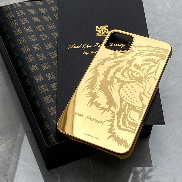 Tiger Design Gold Plated iPhone 15 Pro & 15 Pro Max Cases , Real Gold Plated iPhone , iPhone 14 Gold Case , Luxury iPhone 15 , Gold iPhone