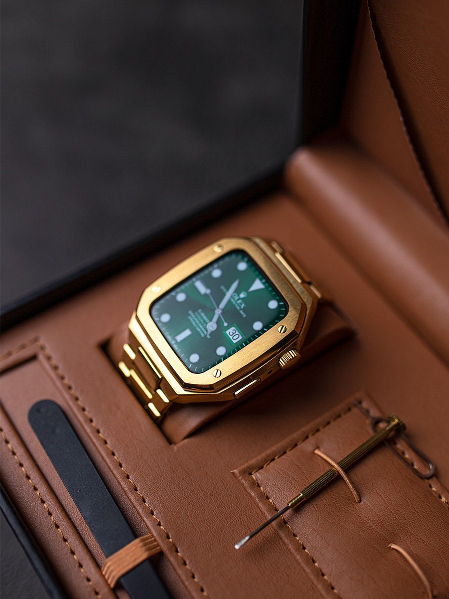 Luxury Gold Plated Apple Watch Metal Cases Series 9- 8 - 7 - 6 45 mm 44 mm 41mm 40mm , Luxury Metal Apple Watch Cases , Gold Apple Watch