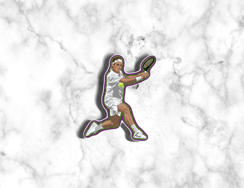 May include: A white tennis player cookie cutter with a purple outline. The player is in mid-swing with a tennis racket in their right hand.
